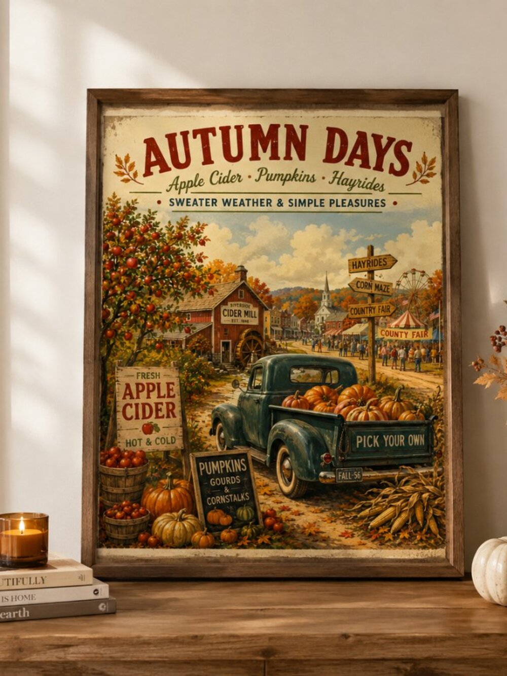 Autumn Days Apple Cider 12x16 Fall Art Print | Vintage Farmhouse Decor